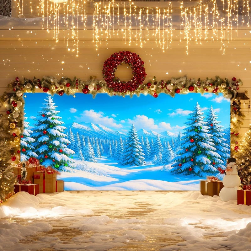 IVN Christmas Garage Door Cover Decoration 13x6ft Snow Covered Pine Trees Blue Mountain Forest Scene Merry Christmas Winter Garage Door Banner Home Door Front Yard Decor for Xmas Eve Holiday Outdoor - Image 2